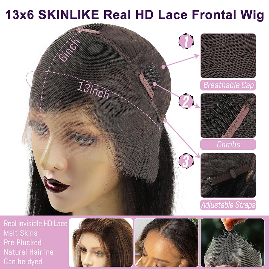 HD Full Frontal Wigs Straight Melt Skins 13x6 HD Lace Front Human Hair Wigs Virgin Hair Pre Plucked Glueless